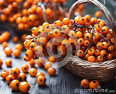 Ripe appetizing sea â€‹â€‹â€‹â€‹buckthorn berries in an overflowing basket, AI Stock Photo